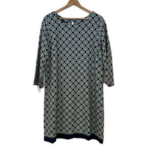 Talbots Stretch Geometric Print Shift Dress Plus Size 16 Blue Green 3/4 Sleeve